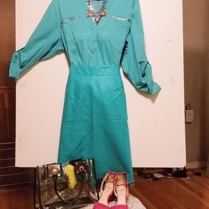 PLUS SIZE AQUA WAXED "LINEN" PENCIL SKIRT